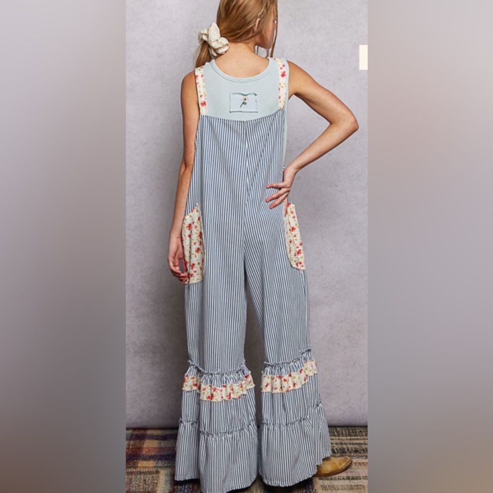 POL Striped Blue and White Wide Leg Ruffled Overalls with Floral Accents - Picture 4 of 6